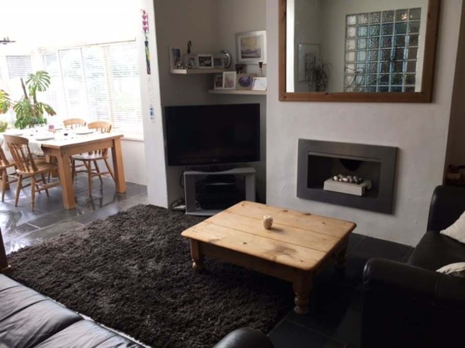Living room with SkyTV, gas real fire