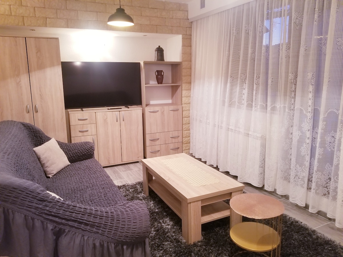 A cozy living area is presented with a gray upholstered sofa and a light wooden coffee table. A flat-screen television is mounted on the wall. Natural light filters through sheer lace curtains, complementing the stone accent wall and enhancing the inviting ambiance.