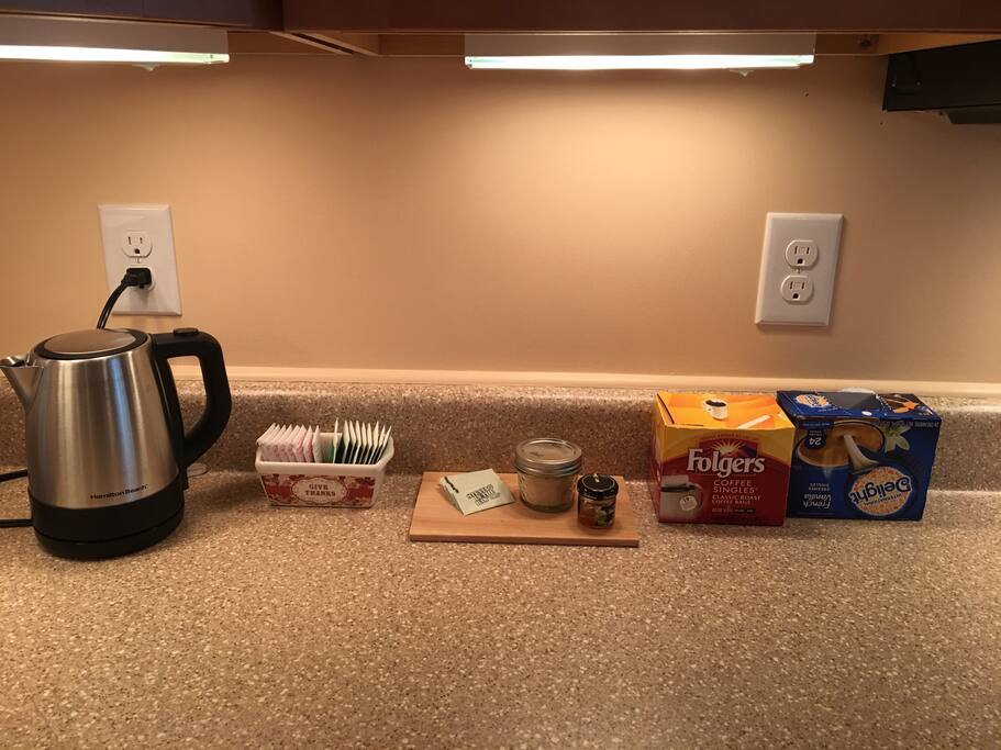 Warm drink condiments. Electric tea pot is great for adding boiling water to bowls of noodles, boiling an egg, or just making a cozy cup of tea or hot-chocolate