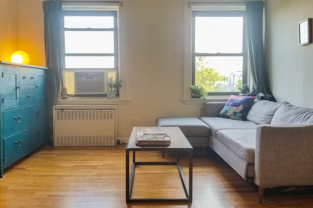 Living area with West Elm coffee table and handmade chest of drawers