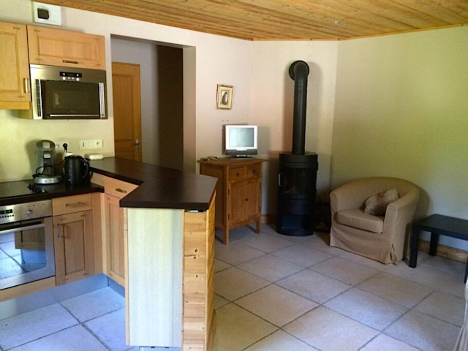 Open plan living space with wood burner