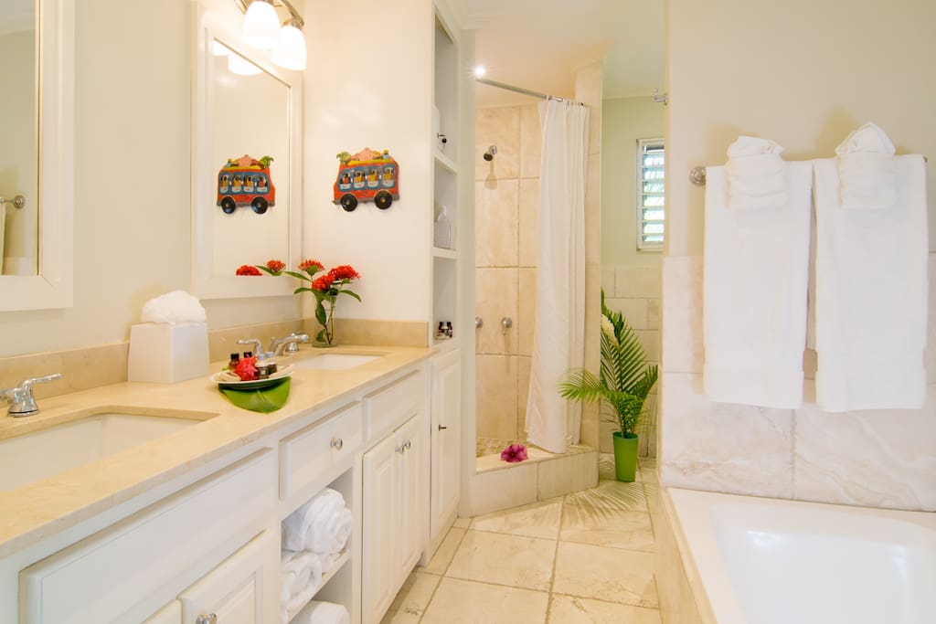 Master bath with shower and soaking tub