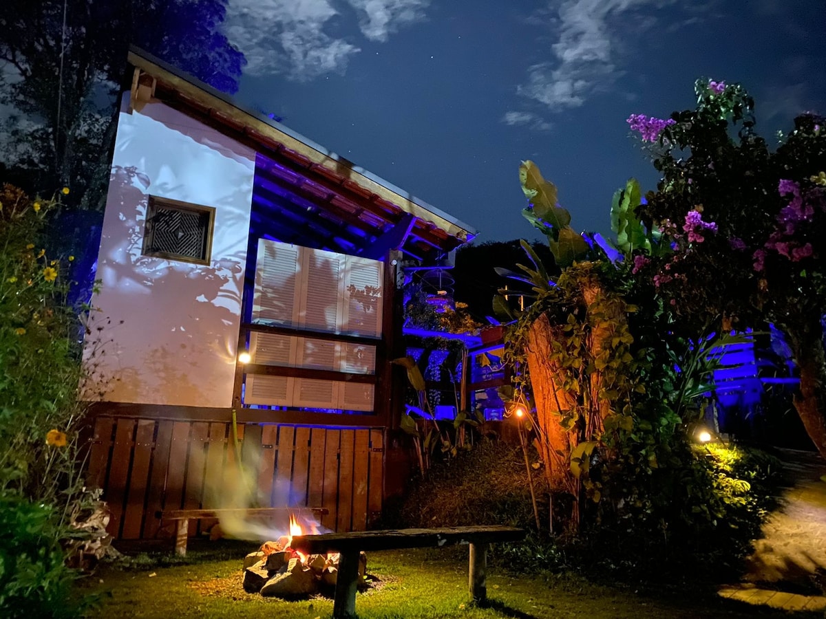 The exterior of the house is illuminated at night, surrounded by lush greenery and blooming plants. A small fire pit sits in front of the house, casting a warm glow, while soft blue lights enhance the tranquil atmosphere.