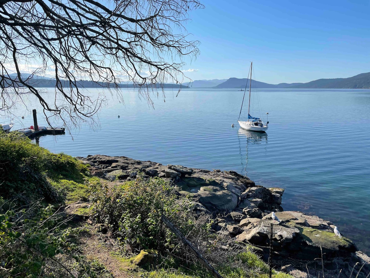 The calm waters of the Saanich Inlet reflect the clear blue sky, with a sailboat anchored nearby. Rugged rocks and a tree branch frame the scene, enhancing the tranquil atmosphere of the coastal landscape.