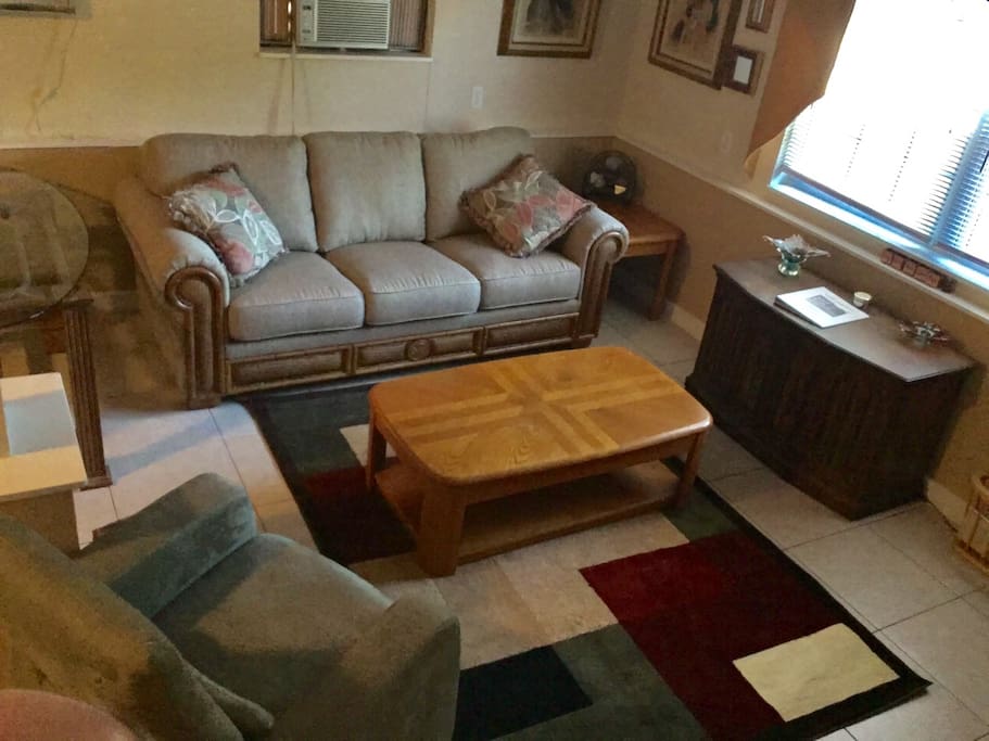 Living room with queen pull out sofabed, 42" TV with Ruko (no cable TV). Includes Netflix, Amazon Prime Video, Hulu, Nat'l News and a few other cable channels.