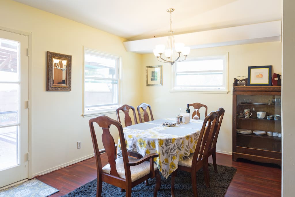 Dining area with dining table and six chairs