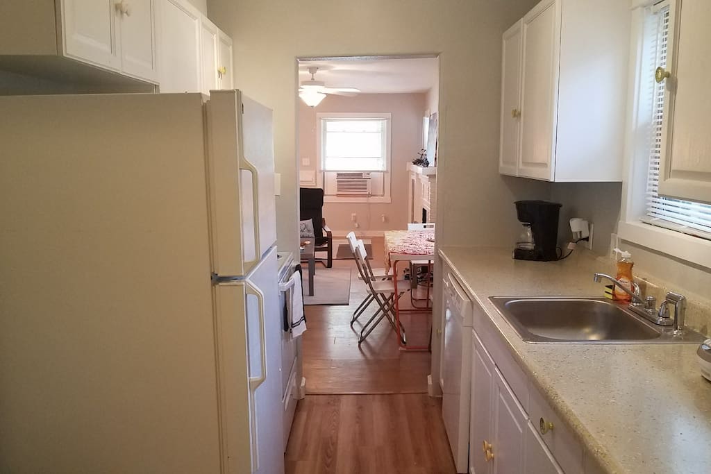 The newly-renovated kitchen has everything you need. Right off the kitchen is the dining area.