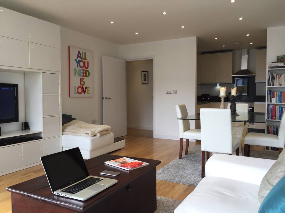 The living room - view from the sofa of the dining table, and kitchen