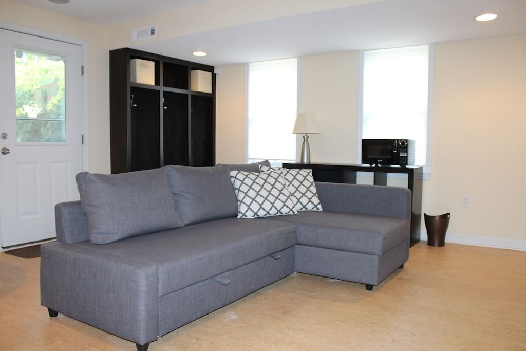 Sofa turns into a bed.