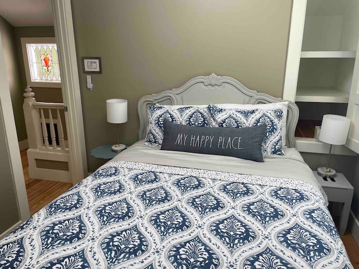 Cozy queen pillow top mattress in the upstairs bedroom with its own bathroom.