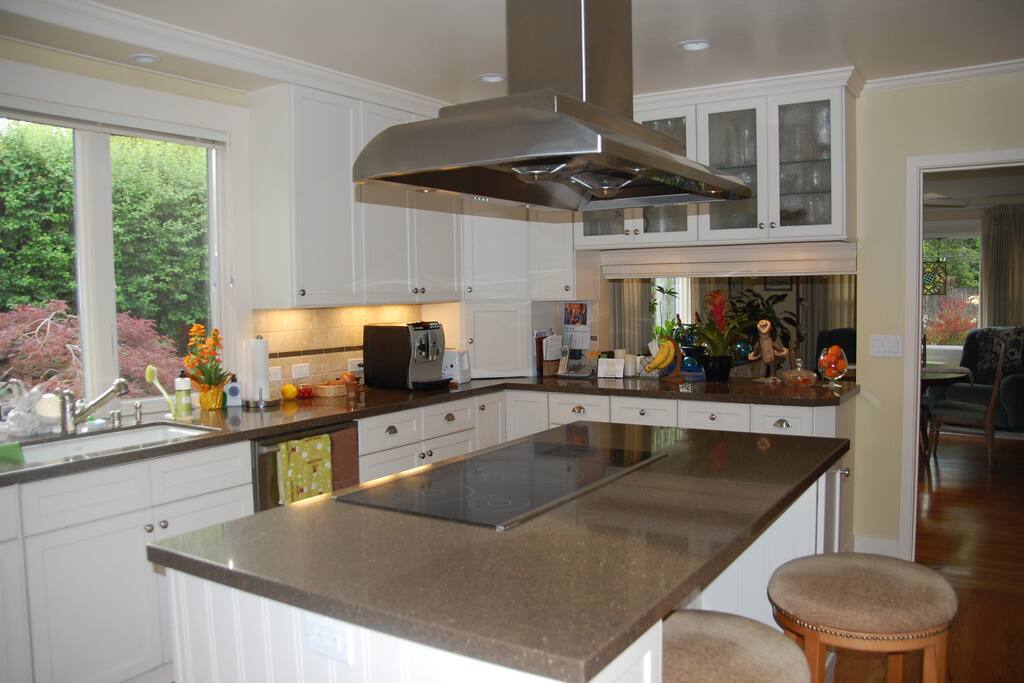 Kitchen opens to large dining area