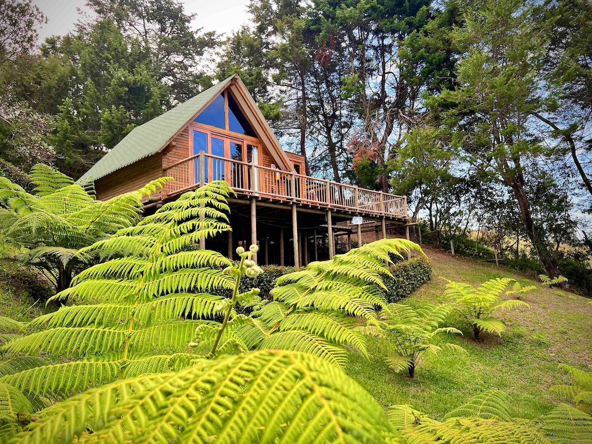 A charming chalet is nestled amidst lush greenery, featuring a triangular roof and expansive windows. The wooden structure is elevated on stilts, with a spacious deck that invites outdoor relaxation, providing a serene connection to the surrounding nature.