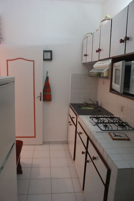 Cuisine avec réfrigérateur, micro-onde, mini four et plaque de cuisson.