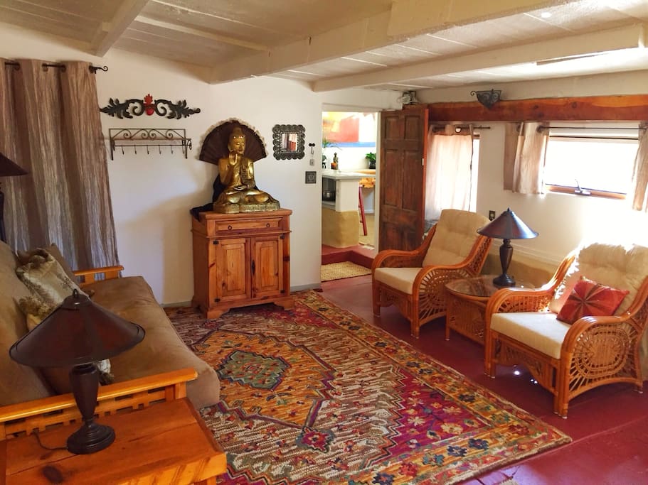 Seeing through the temple guardian's eyes across the Coop living room towards the kitchen.