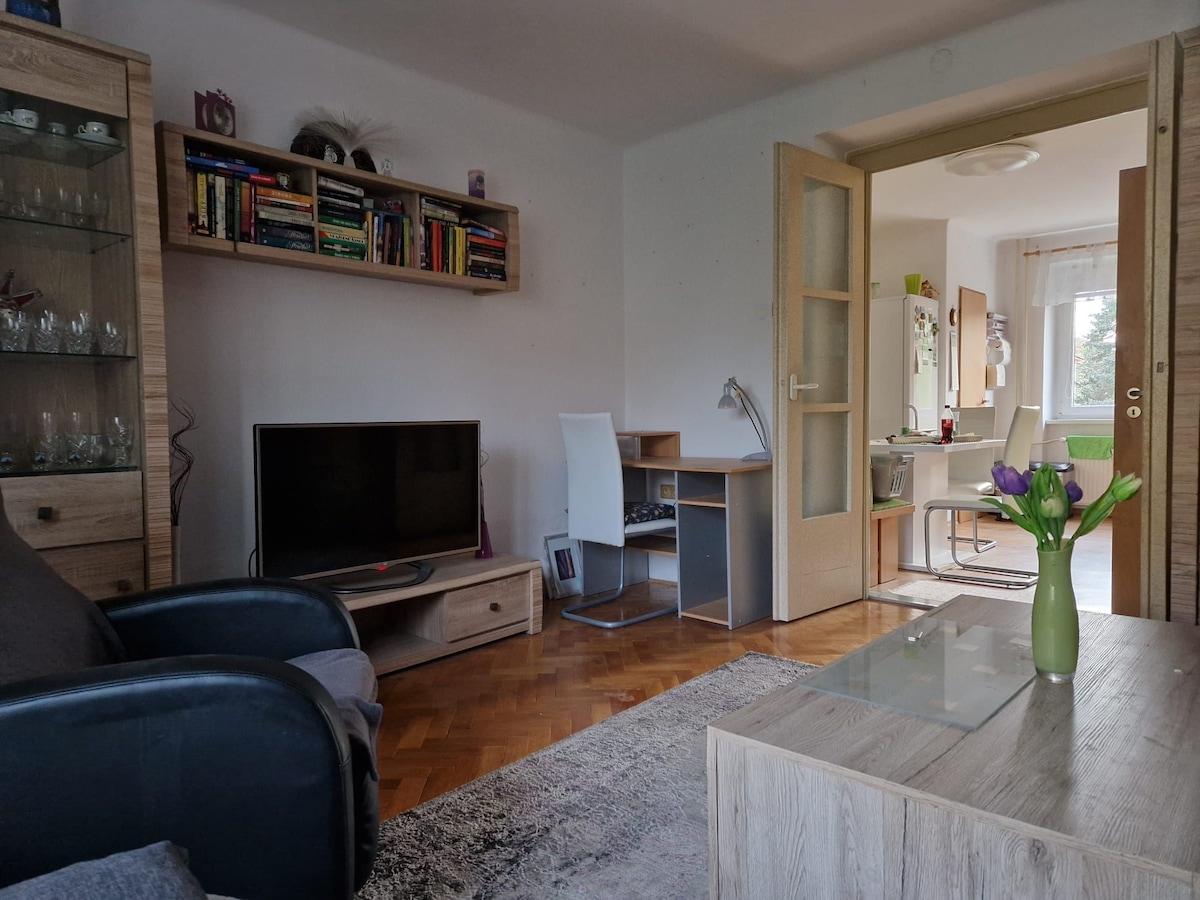 A comfortable living area features a dark sofa and a glass coffee table. A wooden shelf holds various books, while a television is positioned on a low cabinet. A desk with a lamp occupies one corner. A doorway leads to another light-filled room.