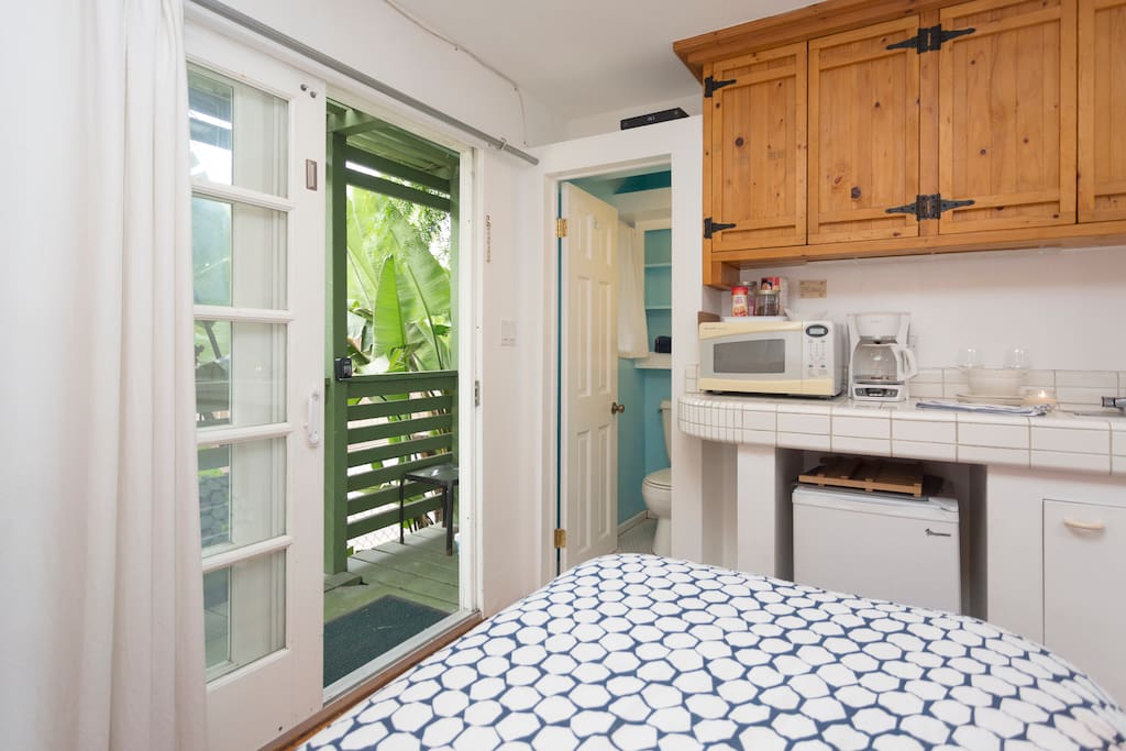 Sliding door with small private deck area.