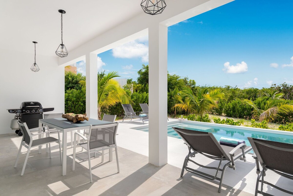 An outdoor dining area features a rectangular table surrounded by chairs, with a grill nearby. Lounge chairs are positioned alongside a sparkling pool, set against a backdrop of lush greenery and a clear blue sky. Pendant lights hang from the ceiling, enhancing the space.