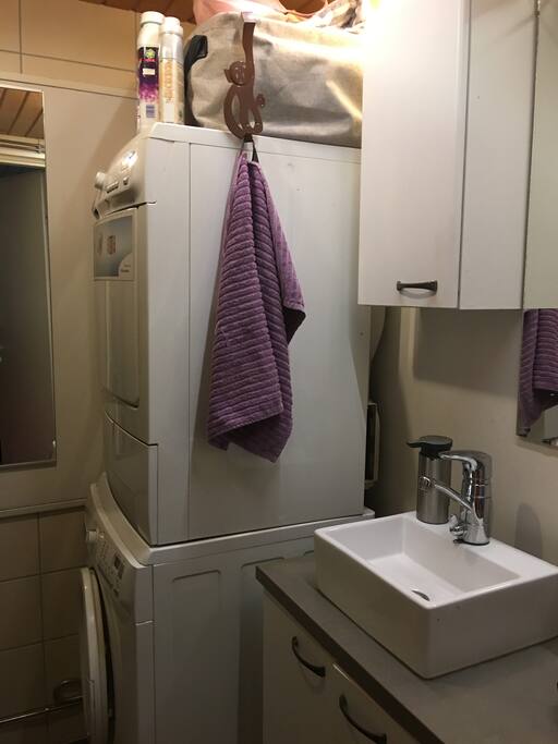Kylpyhuoneessa pesukone ja kuivausrumpu ja suihkunurkkaus/Bathroom with washingmachin and dryer