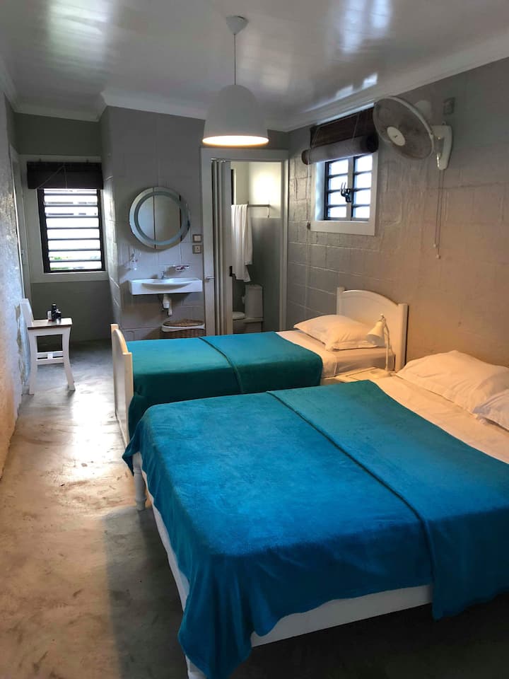 Habitación en la planta baja: 1 cama doble + 1 cama individual. Baño privado con ducha e inodoro