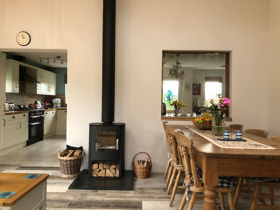 Dining and family room with log burner
