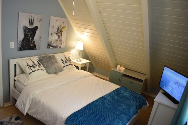 Second Bedroom with queen mattress and Roku tv.