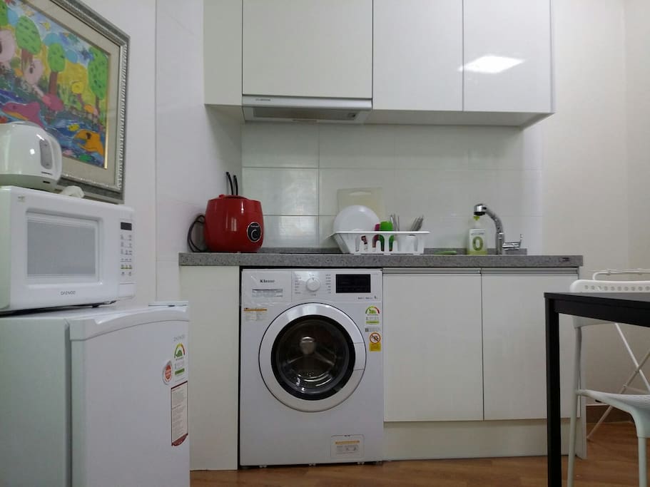 Built-in wash machine, refrigerator, microwave, rice cooker. water pot