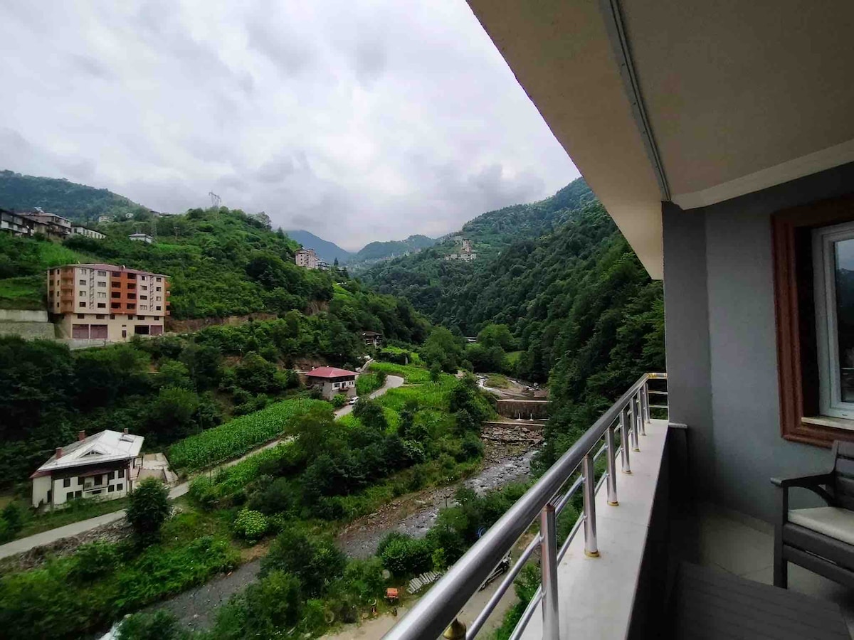 A balcony view showcases a lush green landscape with rolling hills and a flowing stream below. The scene captures various buildings nestled among trees, with a mixture of natural and developed areas, all under a cloudy sky.