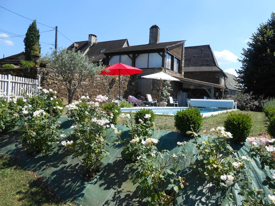 Piscine dominant la vallée de la Dordogne, avec le pool house derrière le volet.