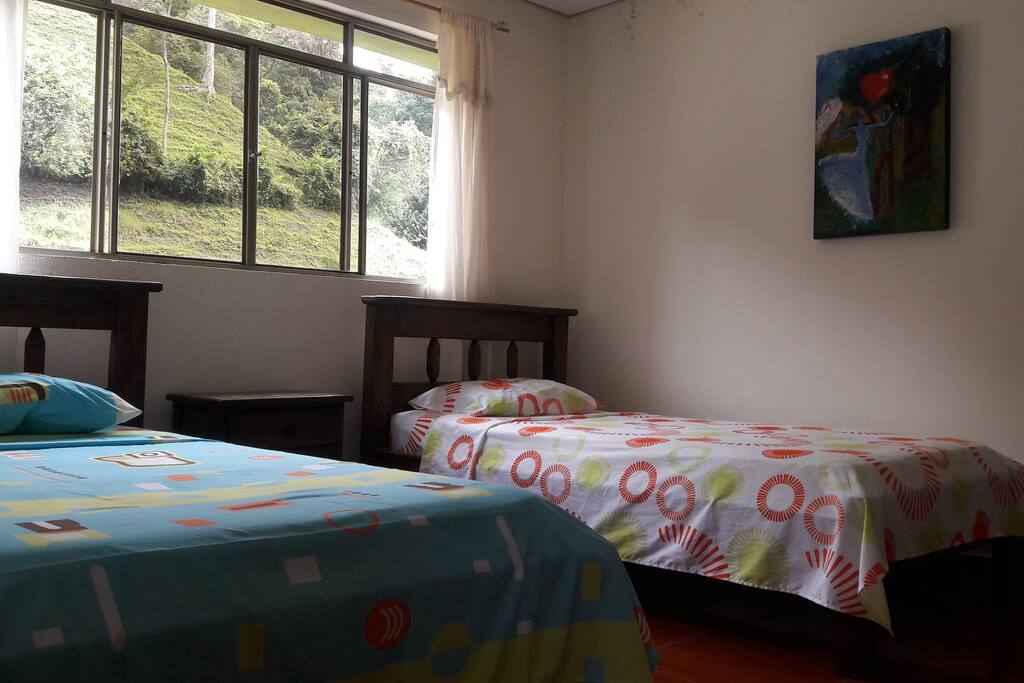 Habitacion con dos camas, ventilador, tv y baño privado.