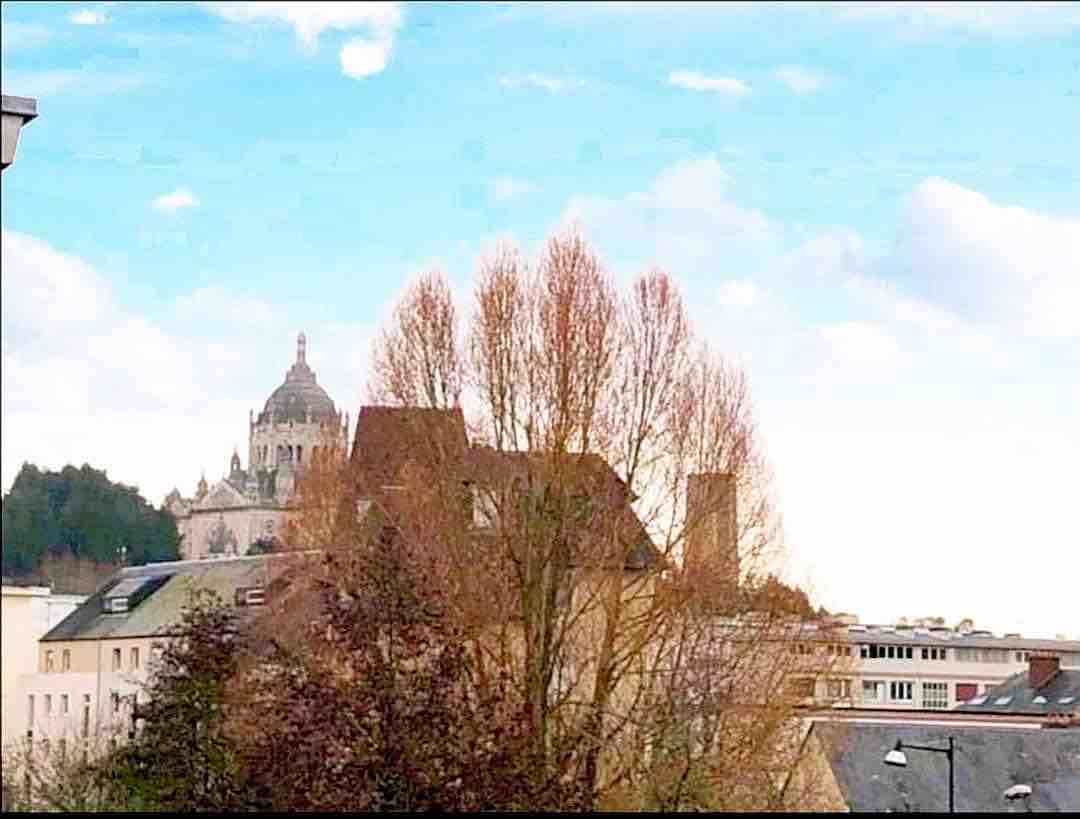 A view from the window shows a blend of architectural styles under a clear sky. Trees with autumn foliage frame the scene, highlighting the distant basilica structure, which offers a notable focal point for the landscape.