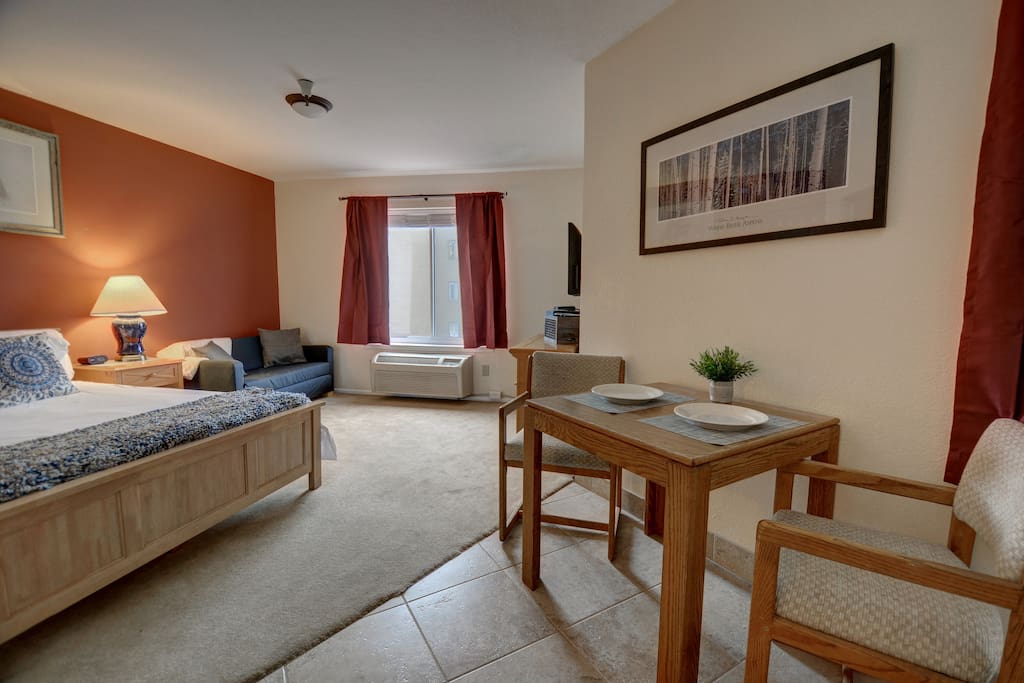 Spacious Studio with Queen Bed, TV, Kitchen & Dining