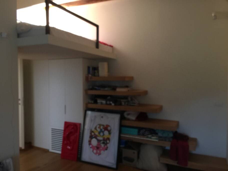 Book / Clothing Shelves used as stairs to the bunk-bed
