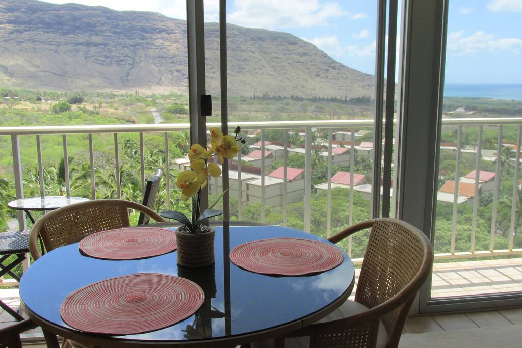 Dine while viewing the ocean in the distance.
