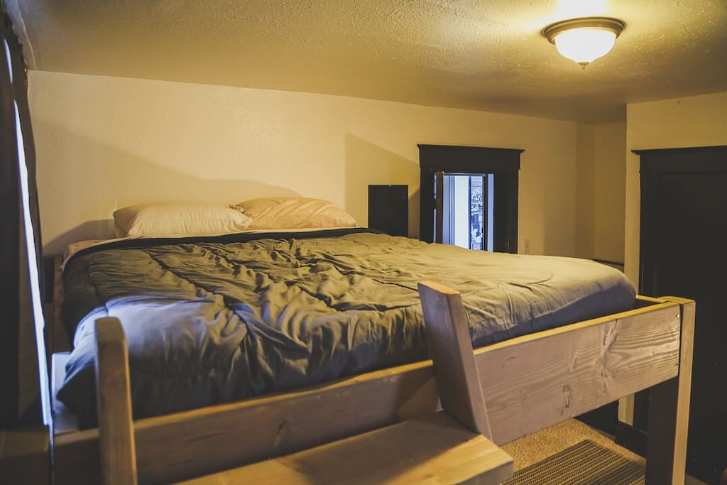 Custom crafted queen-sized bunk beds, sleeping up to 4, bring out the kid inside us all