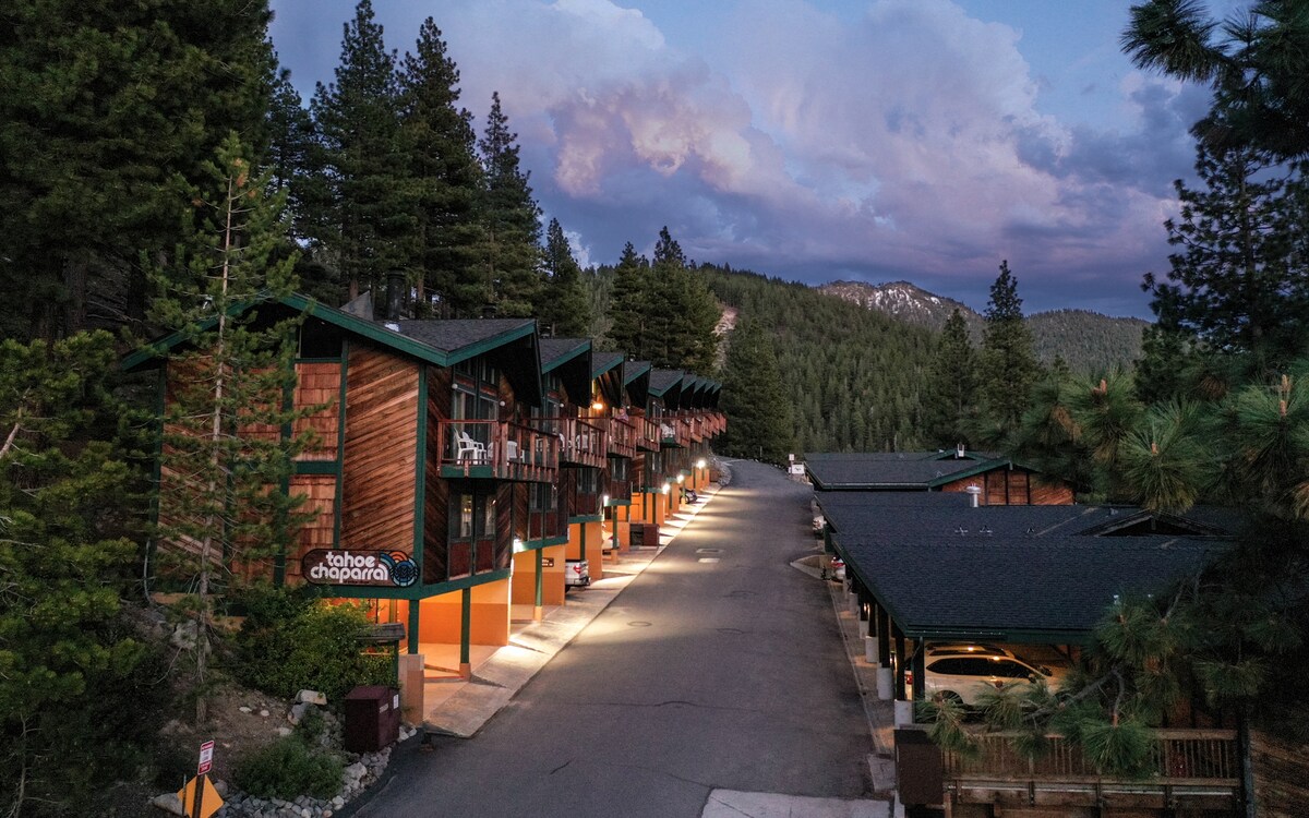A view of the Tahoe Chaparral buildings is presented, with wooden façades and balconies nestled among towering pine trees. The well-lit pathway leads to the entrance, while mountainous terrain is visible in the background under a cloudy twilight sky.