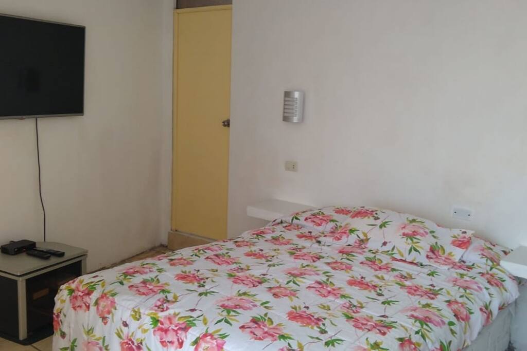 Habitación matrimonial, baño privado, cama de 2 plazas, tv smart 32 pulgadas, wifi, Netflix y frio bar