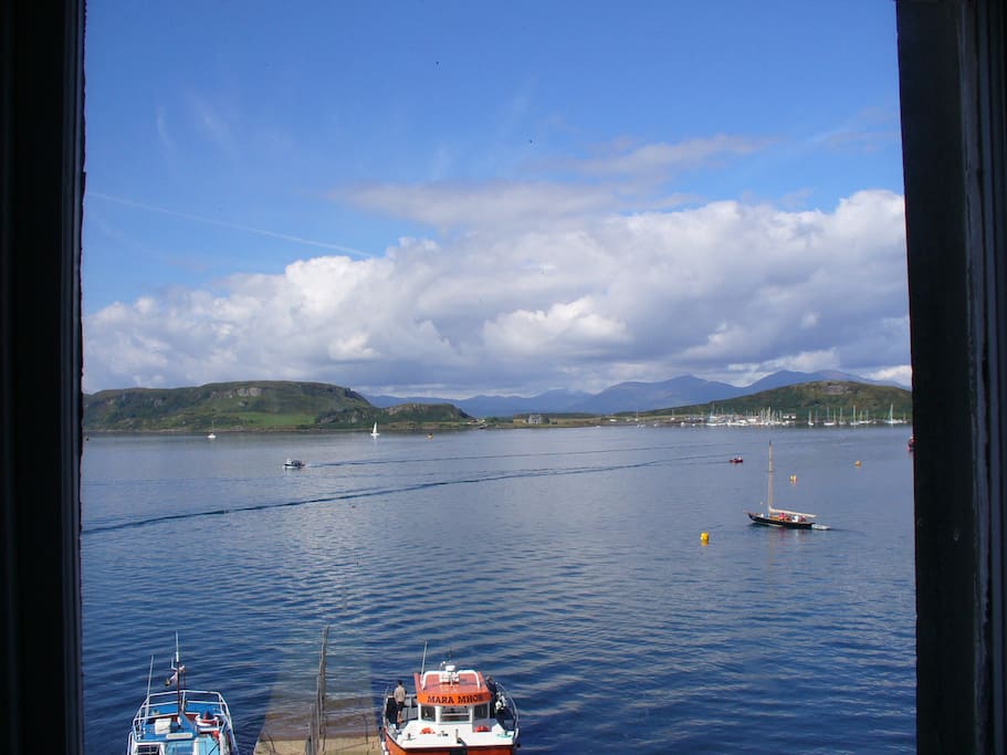 The view from the flat, looking across the bay to Mull