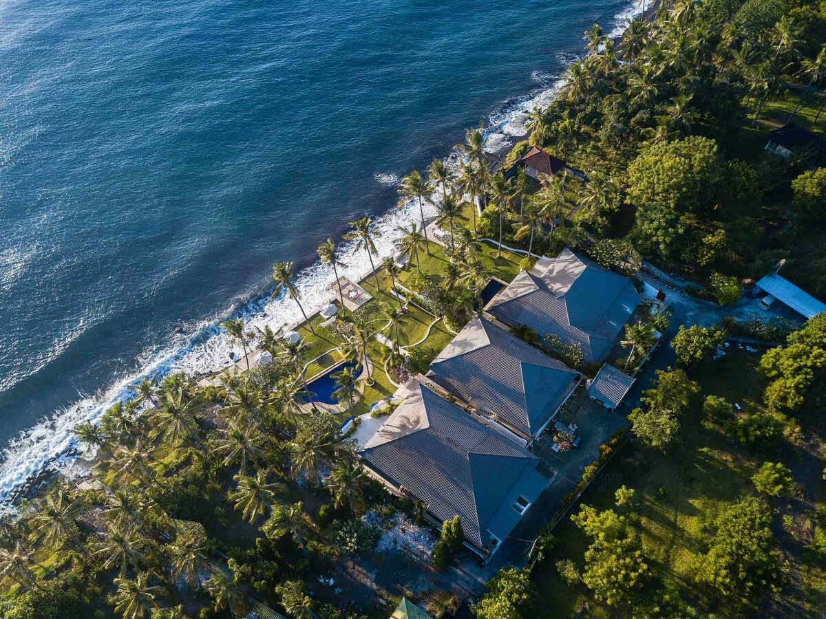 An aerial view showcases the estate's villas nestled among lush greenery along the shoreline. Gentle waves lap at the beach, while palm trees provide a tropical touch. The layout of the villas and open spaces enhances the serene coastal atmosphere.