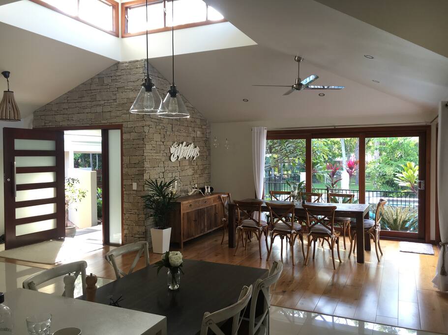 Dining area with view of pool