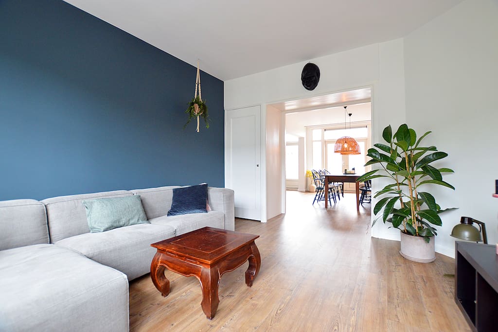 The stylish living room where you can sit back after a great day of exploring Amsterdam