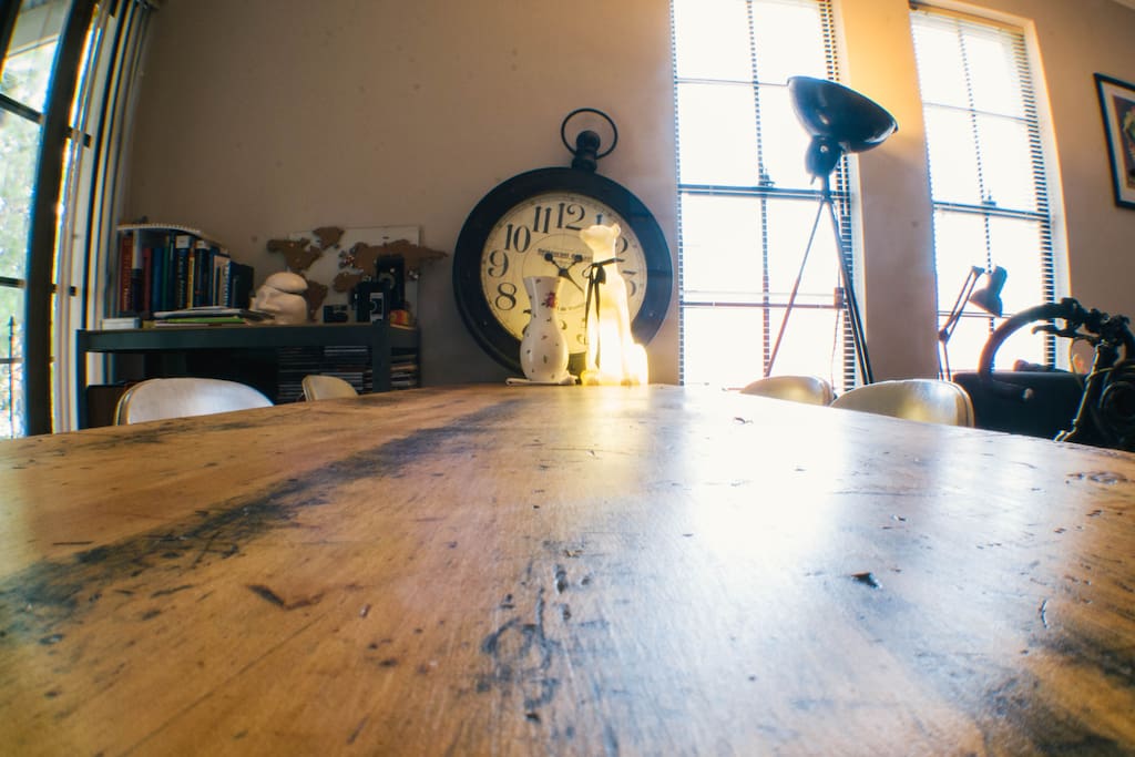 Meet Archie, the Whippet lamp, atop our handcrafted table.