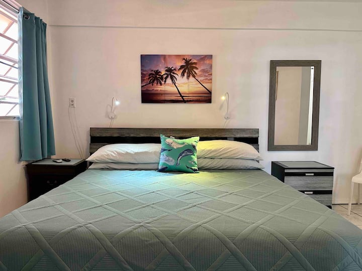 Კომფორტული და ფართო დიდი ზომის საწოლი კითხვის განათებით კონდიცირებულ საძინებელში.