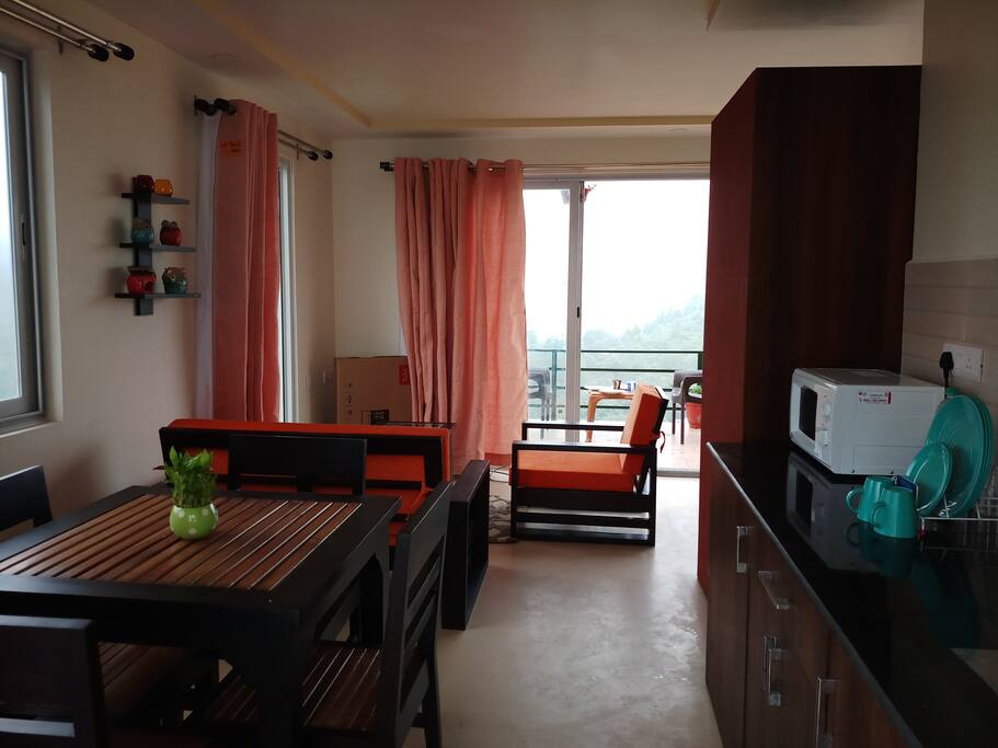 The kitchenette has kettle, microwave and a small fridge