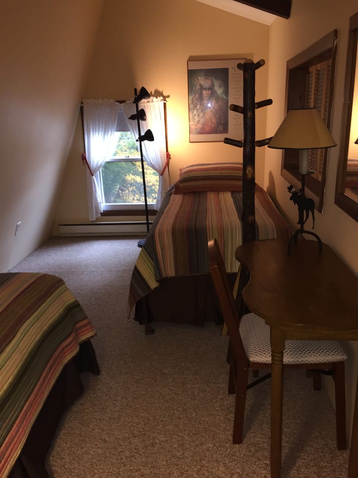 Upstairs bedroom with two twin beds.