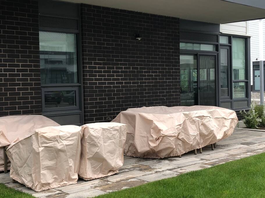 Patio Area with 6 person dining table plus sofa and lounge chairs