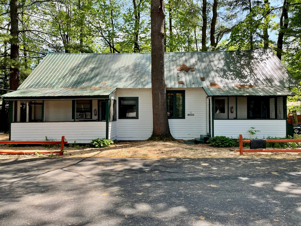A two-unit cottage is nestled among trees, featuring a green metal roof and white wooden siding. Large windows allow natural light into the space. Outdoor seating is indicated by a porch area, and a paved driveway offers access to the property.
