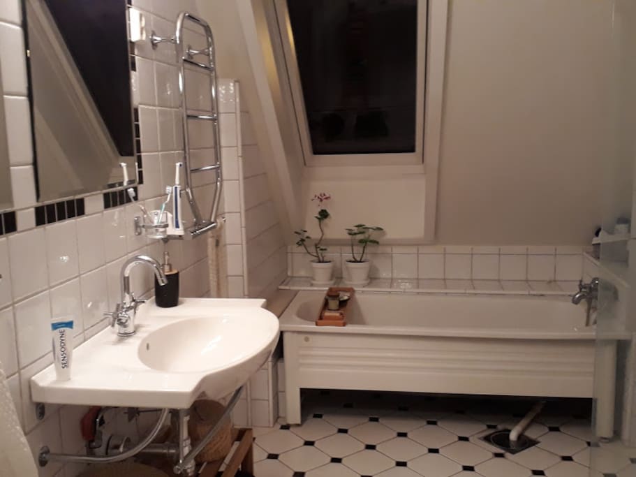 Badrum med dusch och badkar
