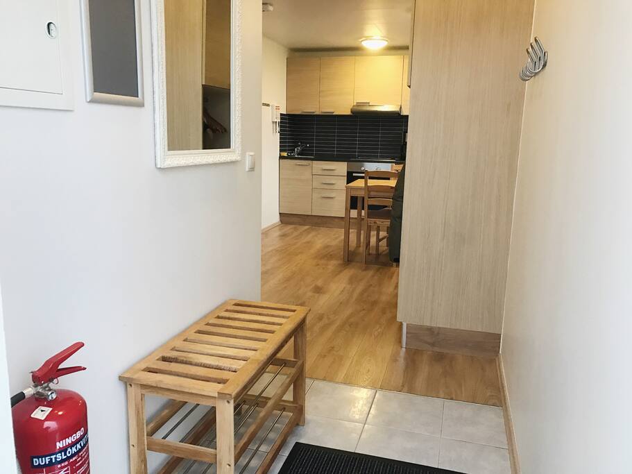 The apartment are fully equipped with extinguisher, fire alarm, and emergency information.