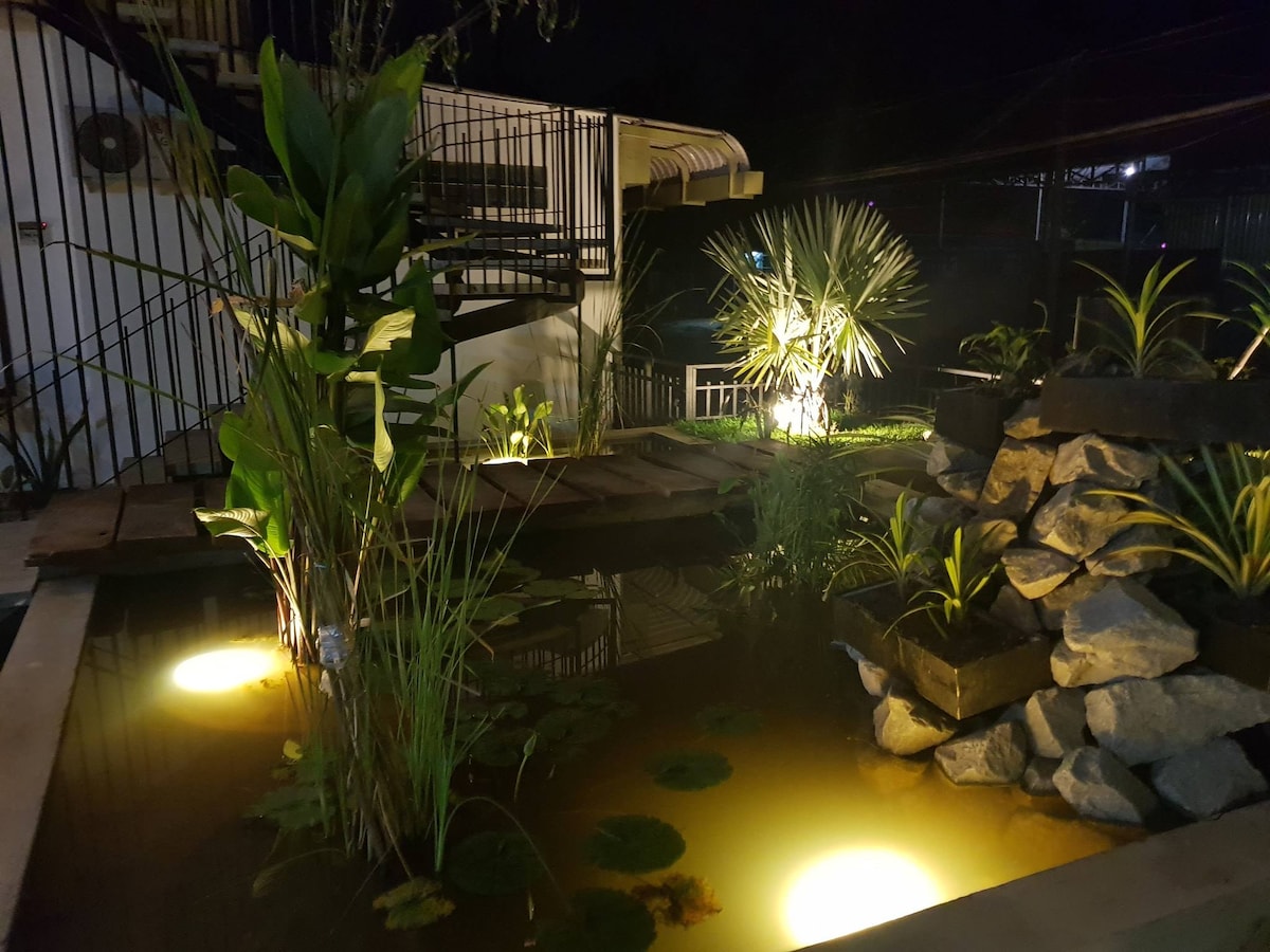 A serene garden pond is illuminated by soft, warm lights at night. Lush green plants surround the water, reflecting in its calm surface. A small stone feature adds texture, while the overall environment fosters a tranquil atmosphere.