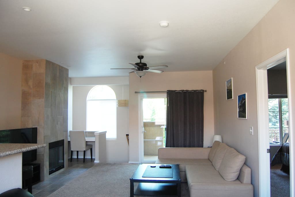 Living room with sofa that turns into a sleeper couch.